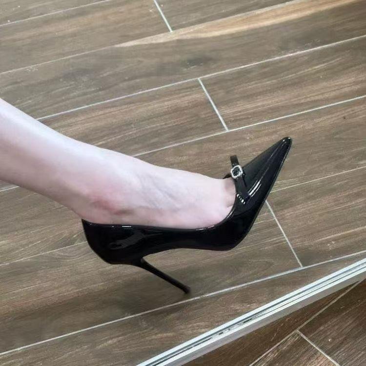 Sexy Black Patent Leather Single Shoes Women's 2025 New Niche Pointed Head Shallow Mouth Rhinestone Bow Stiletto High Heels