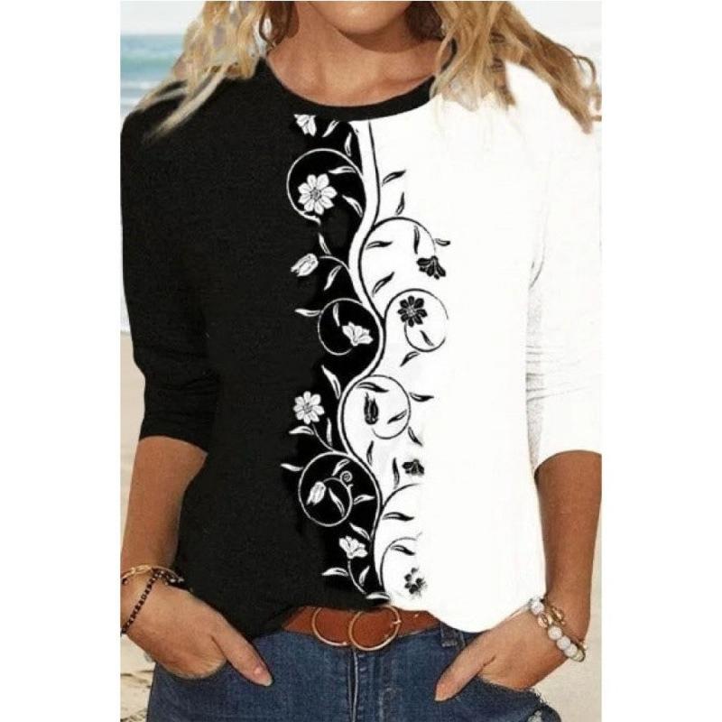 Spring and Autumn Round Neck 3D Flower Pattern Printed Top Fashionable Casual Elegant Long Sleeved Women's T-shirts