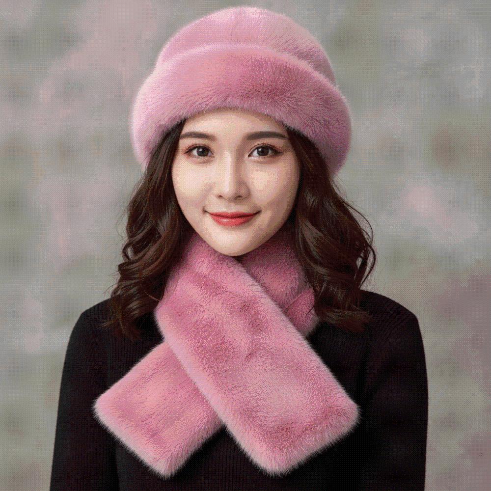 Thickened Cossack Hat Set Thermal Faux Mink Headwear Plush Scarf Combo Russian Style Beanie  Women