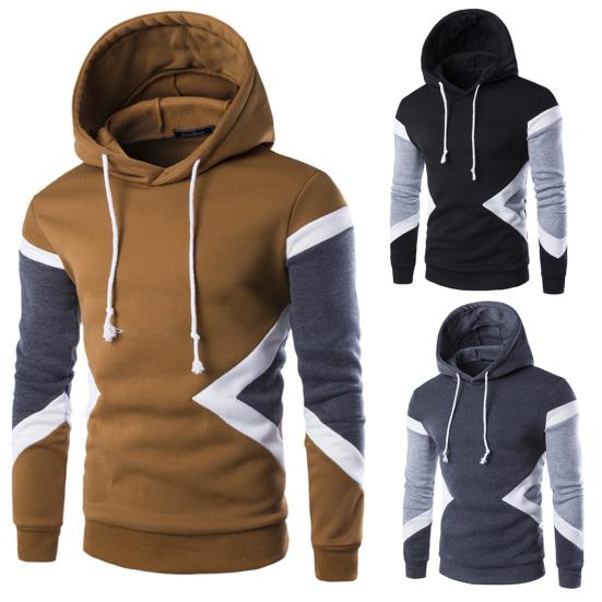 Men Hoodie Contrast Color Drawstring Autumn Winter Loose Patchwork Sweatshirt Male Clothes