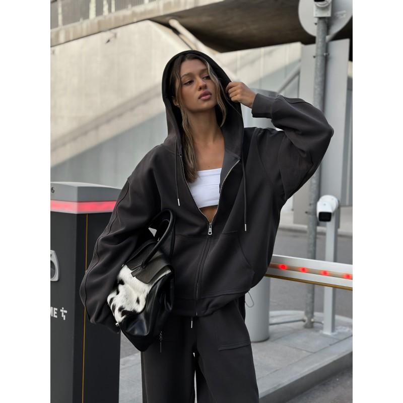 Womens Streetwear Casual 2-Piece Set: Zip-Up Hooded Long Sleeve Top Drawstring Wide Leg Pants Solid Color Knit Outfit