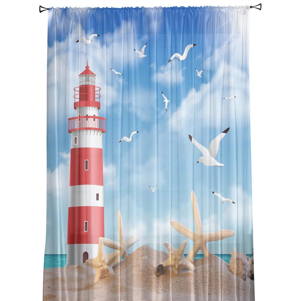 Sea Beach Lighthouse Starfish Seagull Sheer Window Curtains For Living Room Bedroom Modern Tulle Curtains Fabric Drapes