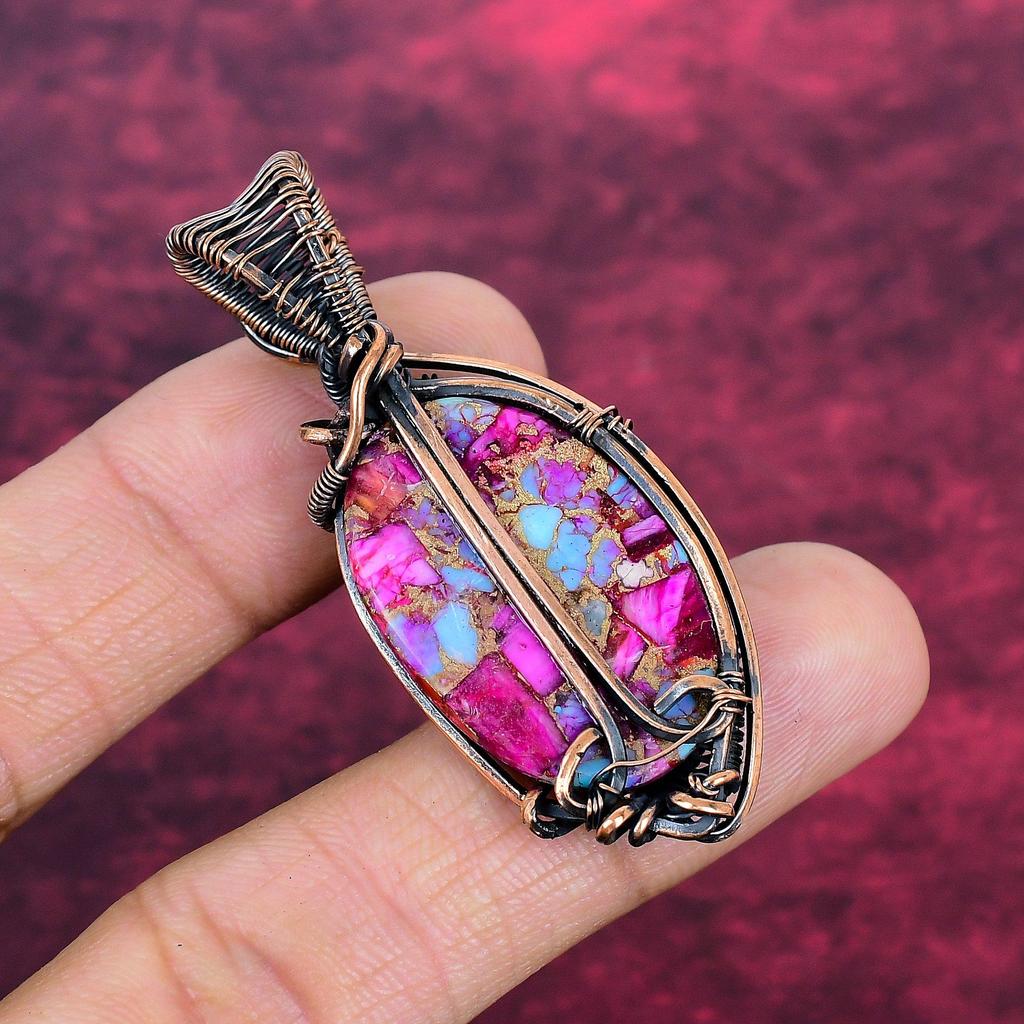 Natural Kingman Pink Dahlia Turquoise Pendant Copper Wire Wrapped Dainty Pendant