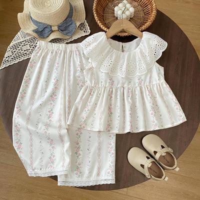 Mädchen Blumen-Spitzenkragen-Weste & Weitbeinige Hose Sommer-Set - Stilvolle Kinderkleidung