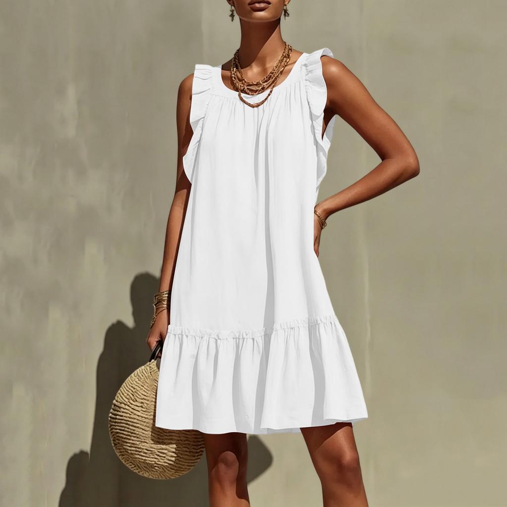 Ladies' Color Fashionable Casual Loose Round Neck Sleeveless Ruffle Dress