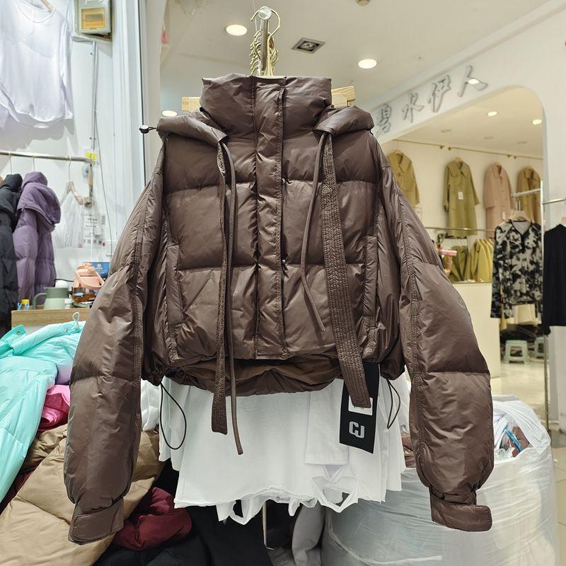 2026 Winter Womens Loose Cotton Puffer Hooded Coat Drawstring Hem Short Warm Jacket