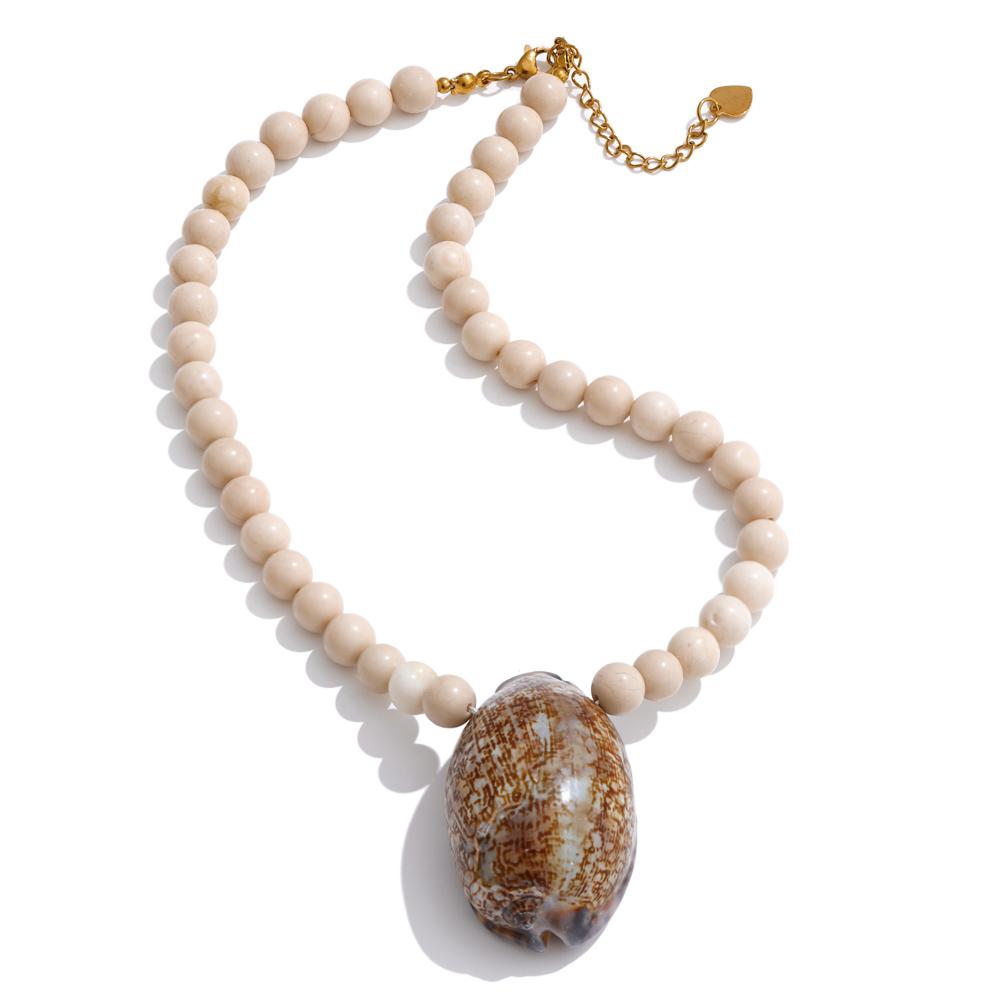 

Yhpup Ocean Handmade Fossiln Beads Chain Conch Big Pendant Necklace High-Grade Summer Stainless Steel Jewelry Gift