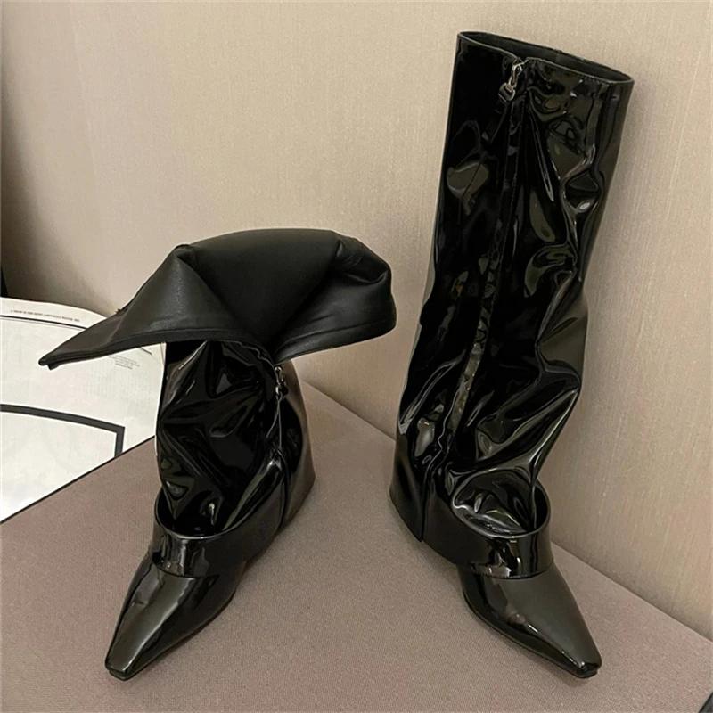 

Eilyken Fashion Pointed Toe Patent Leather Design Splicing Wedges High Heels Women Knee-High Long Boots Zipper Female Shoes 40
