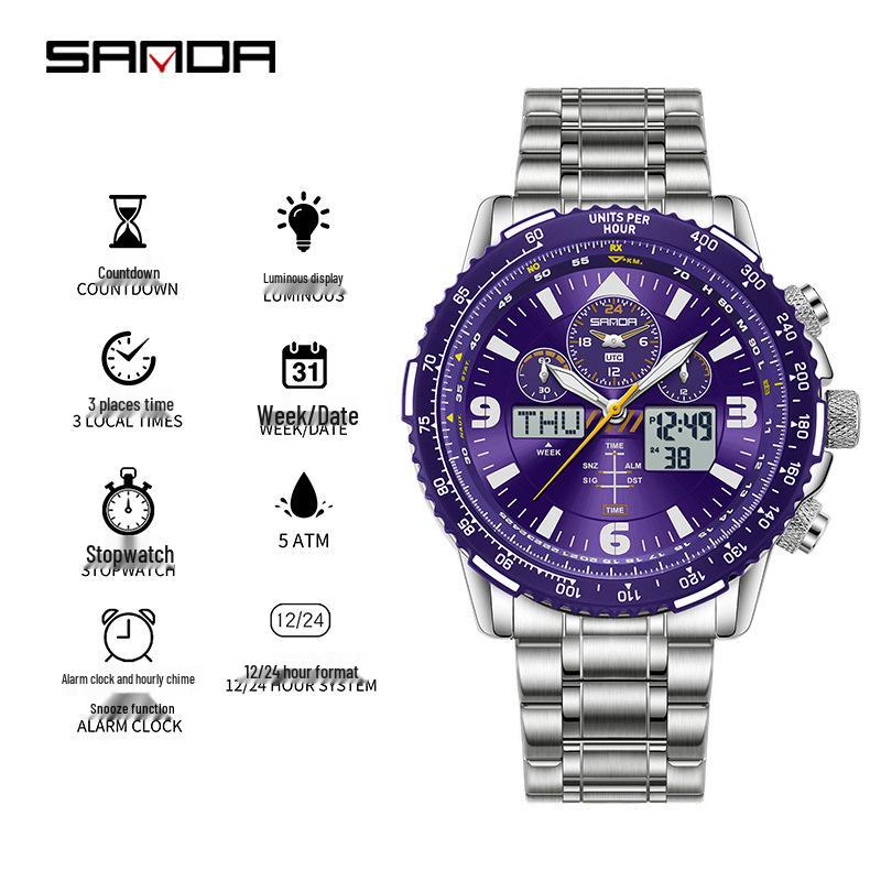 Orologio da polso da uomo Sanda a doppio movimento con display a tre finestre, multifunzioni, cinturino in pelle e acciaio e funzione impermeabile.