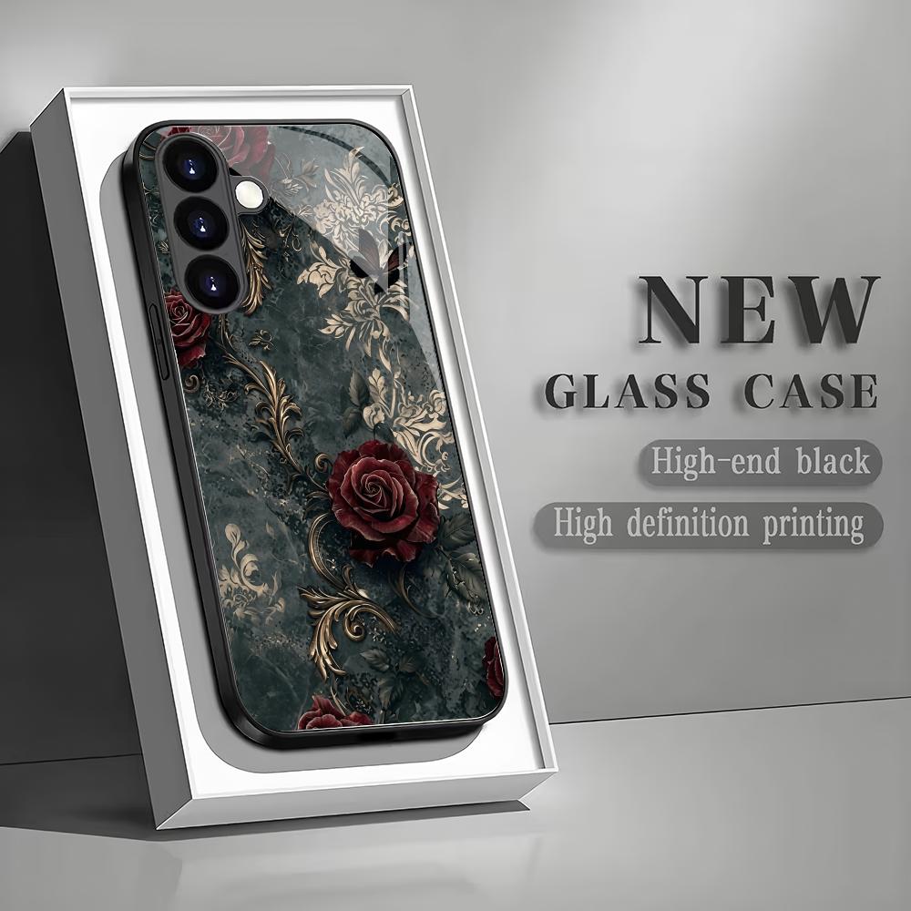 Retro Black Rose Tempered Glass Phone Case Suitable for Samsung Galaxy S26 S25 S24 S23 S22 S21 S20 FE/Ultra/Plus Anti Drop