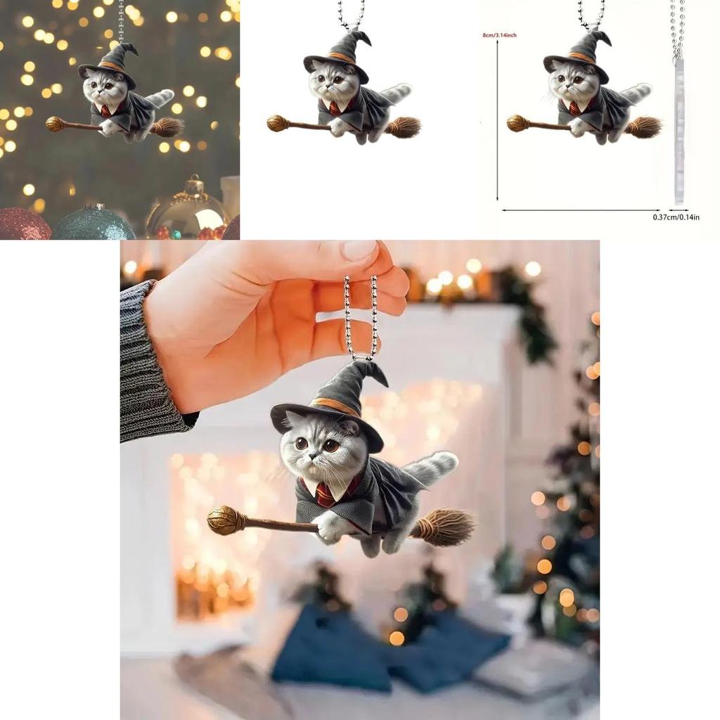 Acryl-Autodekorationen mit flacher Oberfläche und einem magischen Katzenmotiv auf einem Besen für den Fahrzeuginnenraum