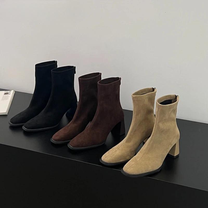 Vintage Thick Heel Square Toe Women Ankle Boots Ladies Elegant Mordern Short Botas Autumn Winter Zapatos De Mujer