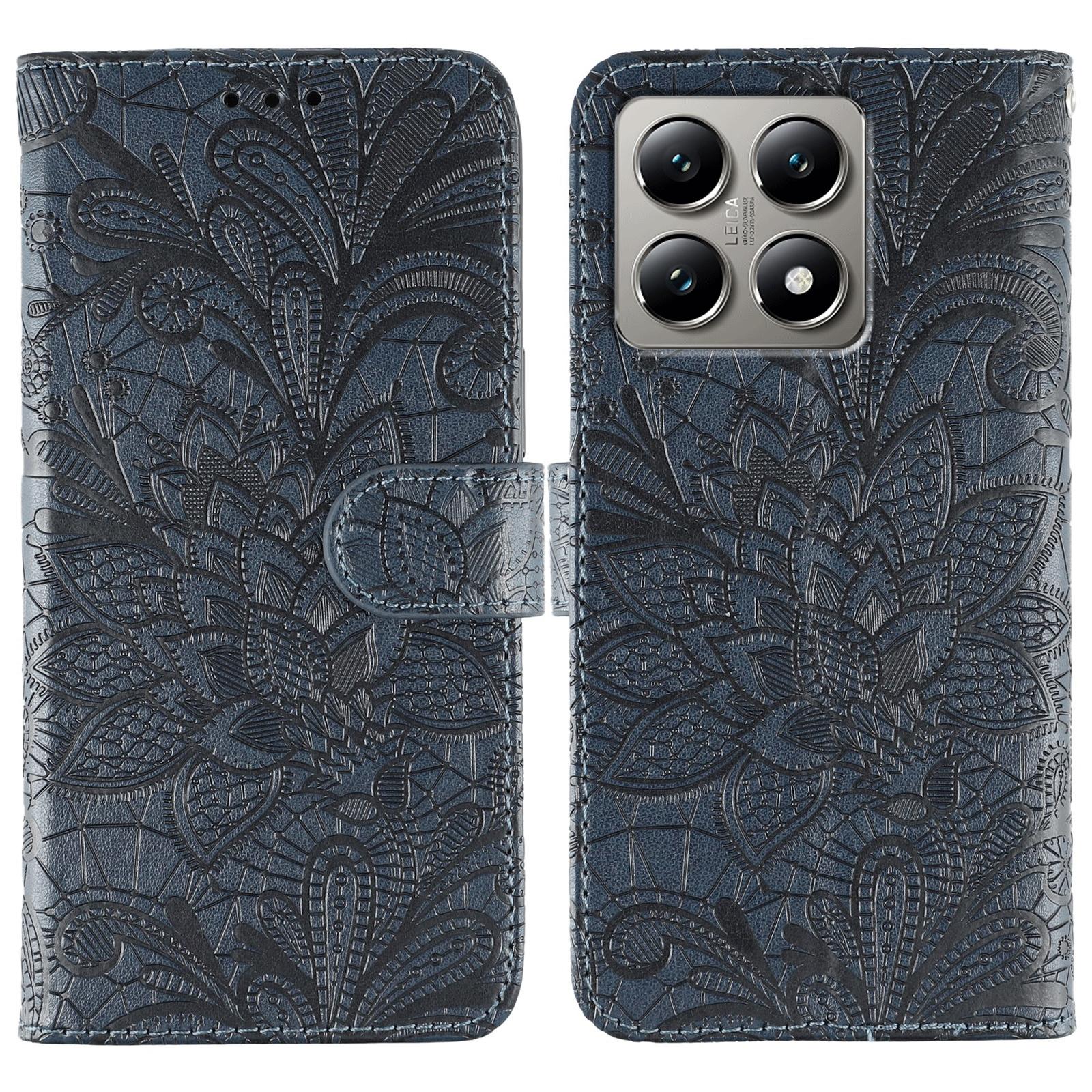 

For Xiaomi 14T Pro Case Lace Flowers PU Leather Flip Wallet Phone Cover Dark Blue