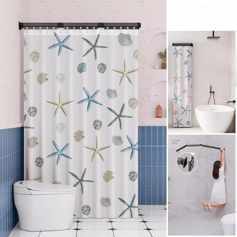 Foldable Shower Curtain Rod for Bathroom and Toilet, No Need To Drill Holes, Dry-wet Separation, C-shaped Waterproof Shower