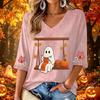 Women's Casual V-Neck Three-Quarter Sleeve Top with Halloween Print
