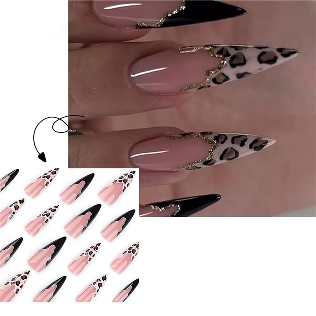 24Pcs Leopards Print Press On Nails Long False Nails French Tip Glossy Artificial Nails Full Covers Stick On Nails