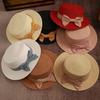 Beach Straw Hat Flat Top Wide Brim Sun Protection Hat with Striped Print Ribbon Bow Hand-Woven Breathable Summer Hat