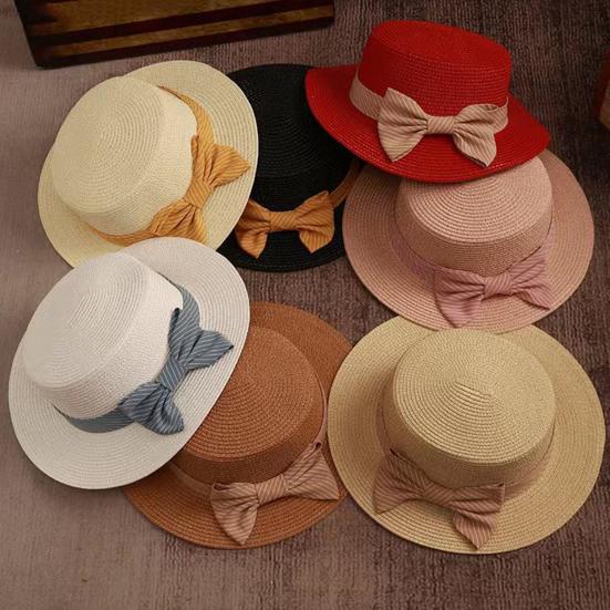 Beach Straw Hat Flat Top Wide Brim Sun Protection Hat with Striped Print Ribbon Bow Hand-Woven Breathable Summer Hat
