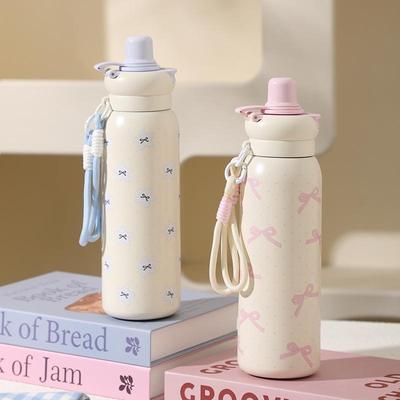 Cute Cartoon Fashion Straw Cup Large Capacity Student Dual Water Bottle, Stainless Steel Insulated Flask, Bow Bear Pattern