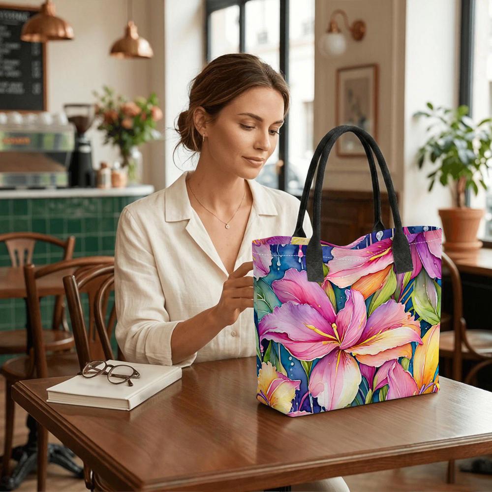 Watercolor Lily Print Tote Bag Fashion Casual Large Capacity Daily Shoulder Handbag