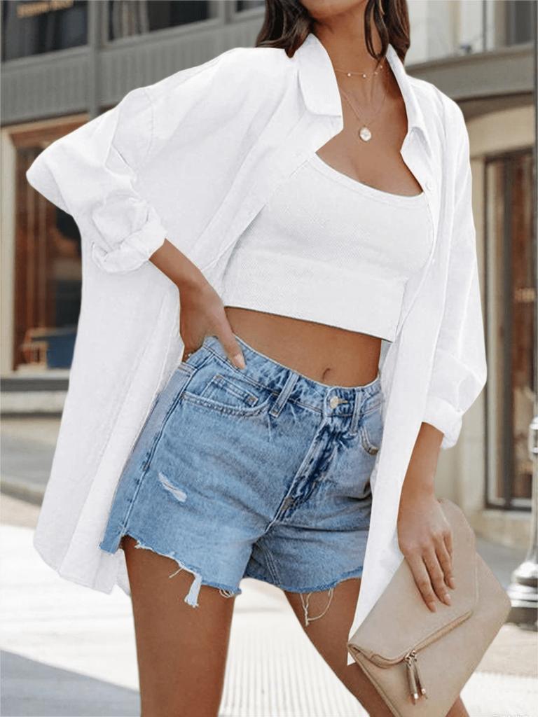 Women's Oversized Button Down Blouse Long Sleeve Stand Collar Loose Casual Top with Pockets