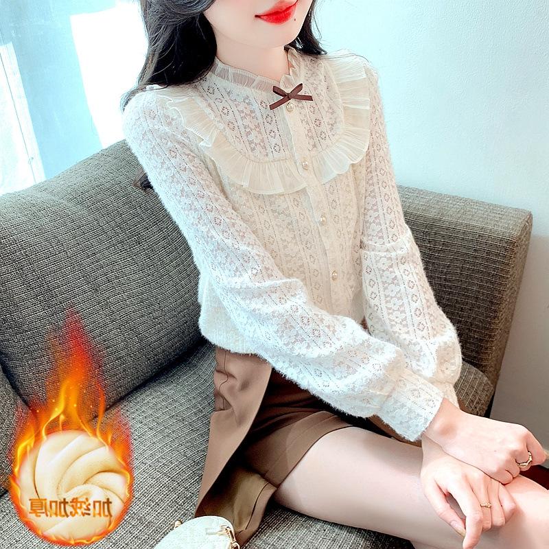 

Women s Long Sleeve Stand Collar Lace Shirt with Velvet Inner Layer 2XL абрикосовый
