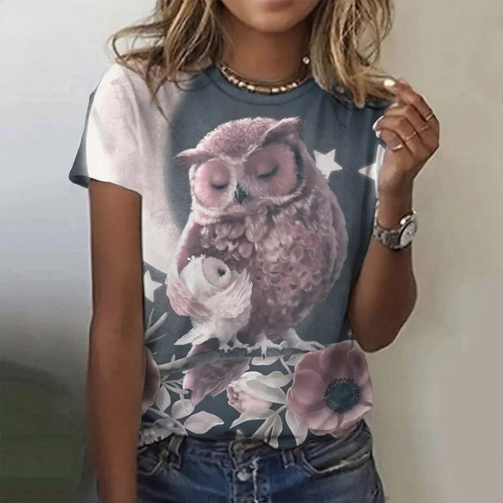Summer Round Neck 3D Print Owl Pattern Top Fashionable Casual Short Sleeved Women's T-shirts