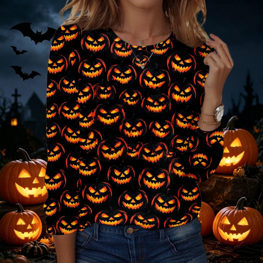 Women's Halloween Graphic Pullover Sweatshirt Long Sleeve Crew Neck Casual Top for Fall and Winter Seasonal Wear
