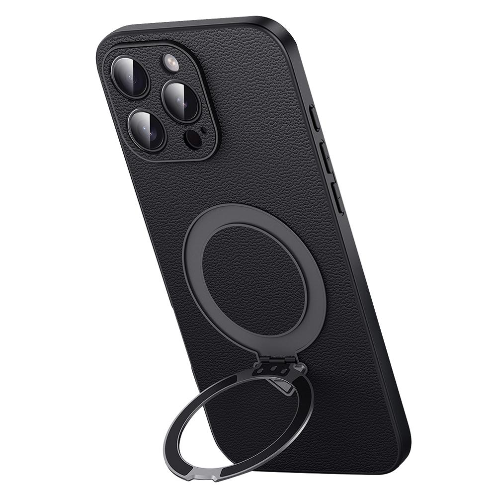 For iPhone 15 Pro Max Case Compatible with MagSafe Genuine Cow Leather+PC Kickstand Phone Cover