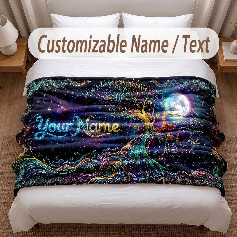 Tree of Life Theme Soft Blanket Personalized Custom Name Text Print Warm Blanket Home Sofa Bedroom Decor