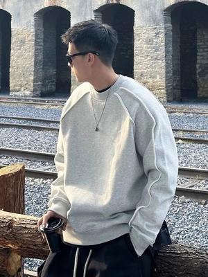 Men's Trendy Retro Round Neck Sweatshirt - Loose Fit, Solid Color, Casual Long Sleeve Pullover