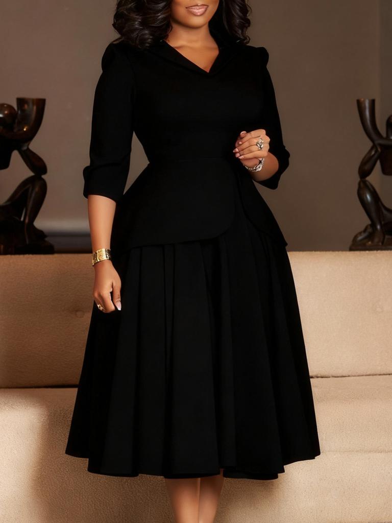 Women's Autumn Fashion Plus Size Dress with Blazer Collar, Solid Color A-Line Maxi Dress for African Women