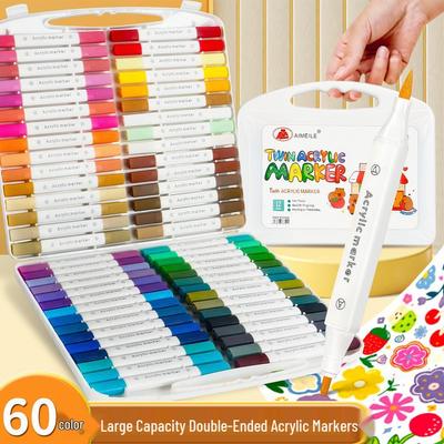 Dreieckiger Doppelspitz-Marker-Stifte-Set - 60 nicht durchblutende, stapelbare Farben für Kunst von Schülern und Kindern.