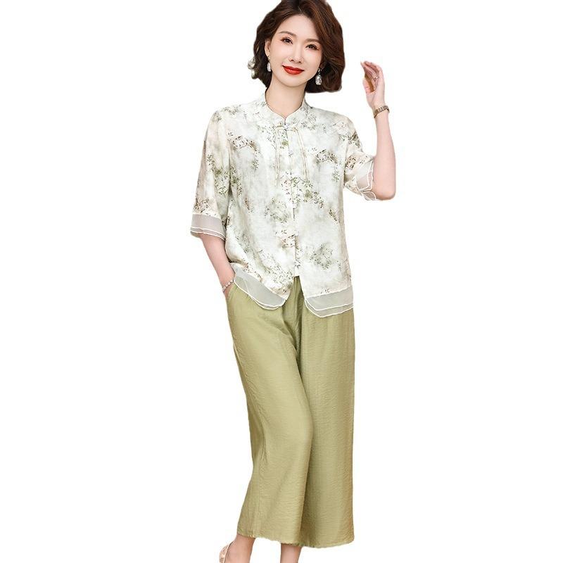 Sommer Baumwoll-Leinen Stilvolles Sommer Kurzarm Damenhemd für Mütter mittleren Alters