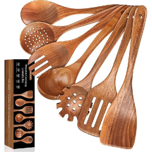 5 PCS Wooden Spoons for Cooking Natural Teak Kitchen Utensils Set Smooth Non-Stick Surface Cooking Utensils Set Soft Comfort-Grip Wooden Spatula Set