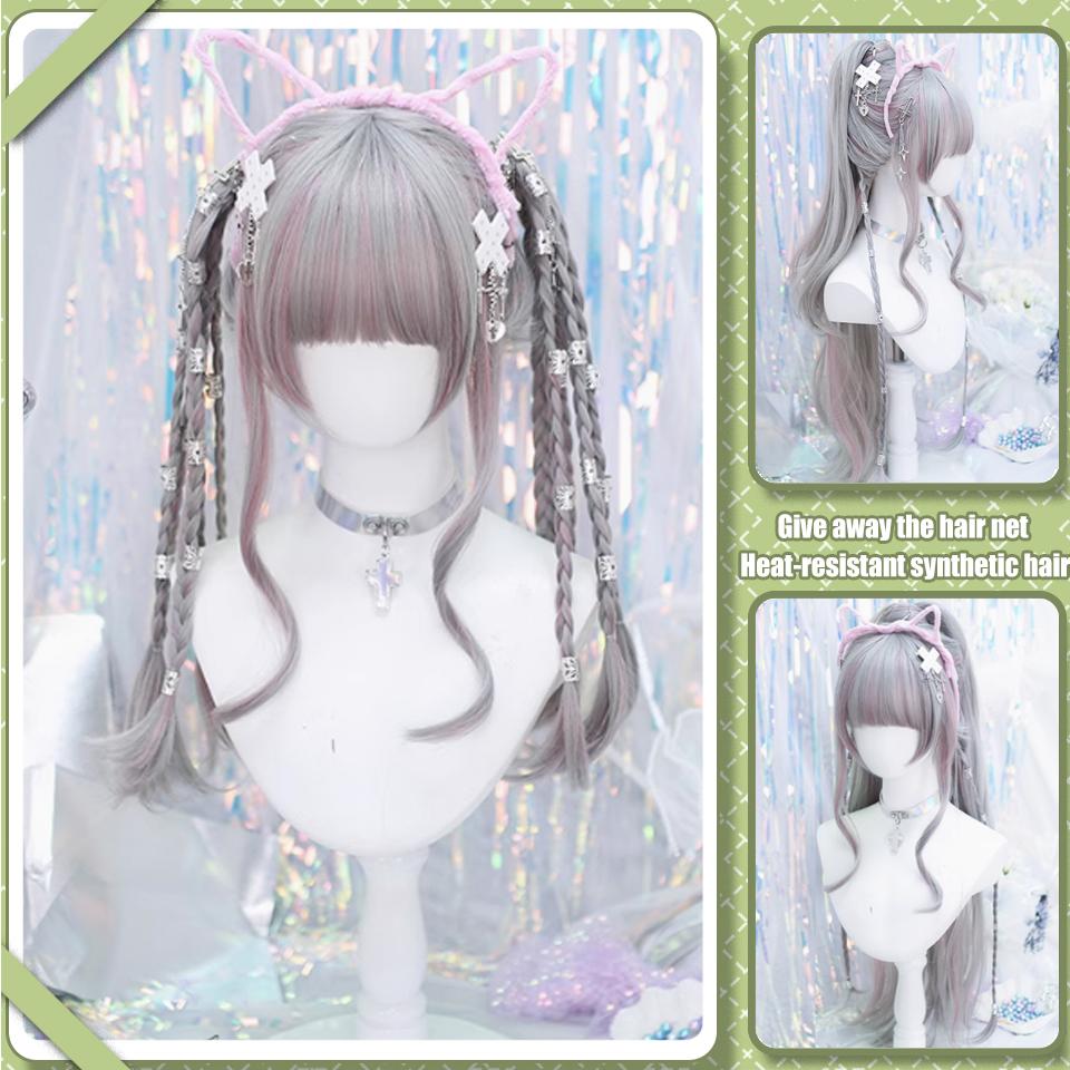 

Серые блики розового цвета длинные вьющиеся синтетические парики женские панк-стиль Лолита прямые челки длинные вьющиеся волосы парик для косплея вечеринки 50CM