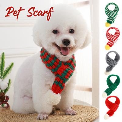 Winter Warm Knitted Scarf for Small Dog Neck Warmer Scarves with Pompom Ball Christmas New Year Festival Pet Puppy Cat Scarf