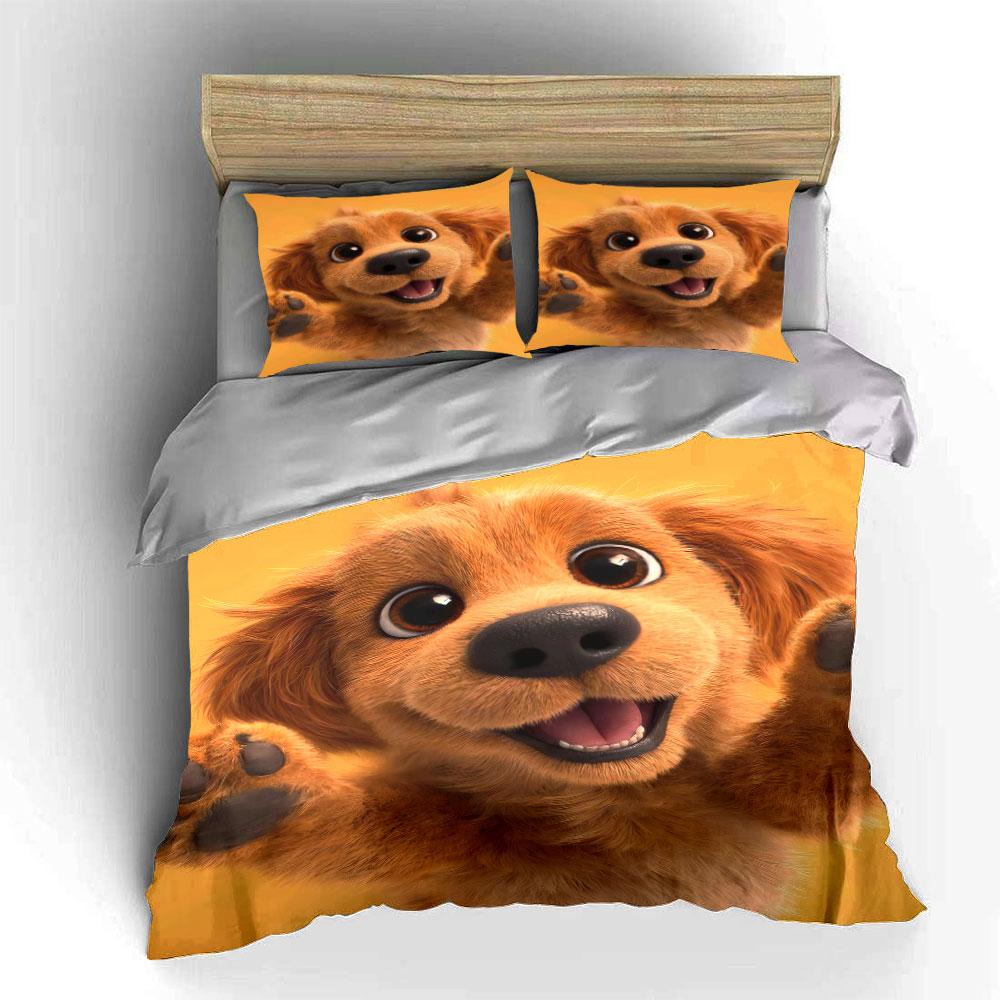 3Pcs Cute Golden Retriever Bedding Set, Adorable Puppy Face Print Duvet Cover + 2 Pillowcases, Dog Lover Decor