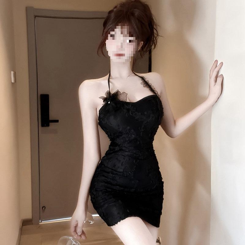 Spice girl sexy pure lace neck sling dress temperament three-dimensional flower decoration backless slim hip skirt