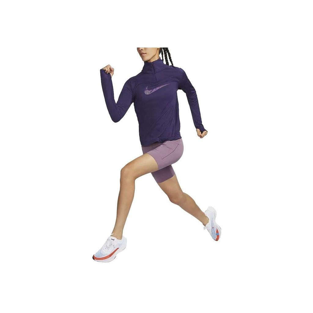 Nike Dri-Fit Swoosh Logo Half-Zip Running Training Breathable High-Neck Casual Long Sleeve T-Shirt Women Tops Dark-Purple FB4688-555