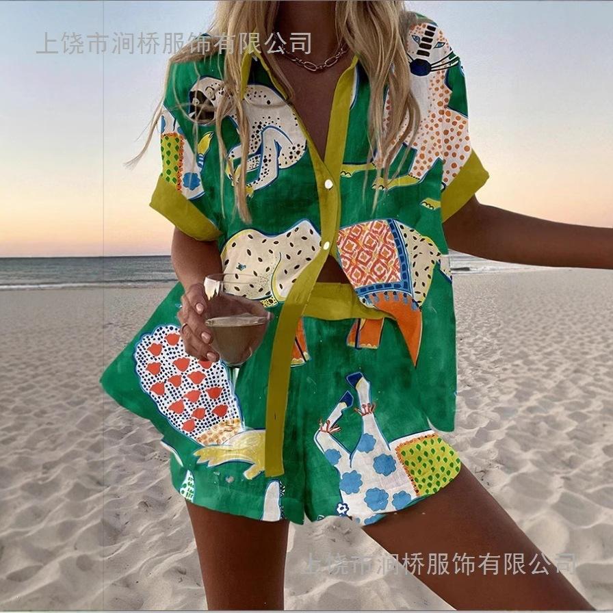 (Imitation Linen) Hot Sale Casual Holiday Shirt Set Beach 1D Printed Shirt Shorts Women's Set