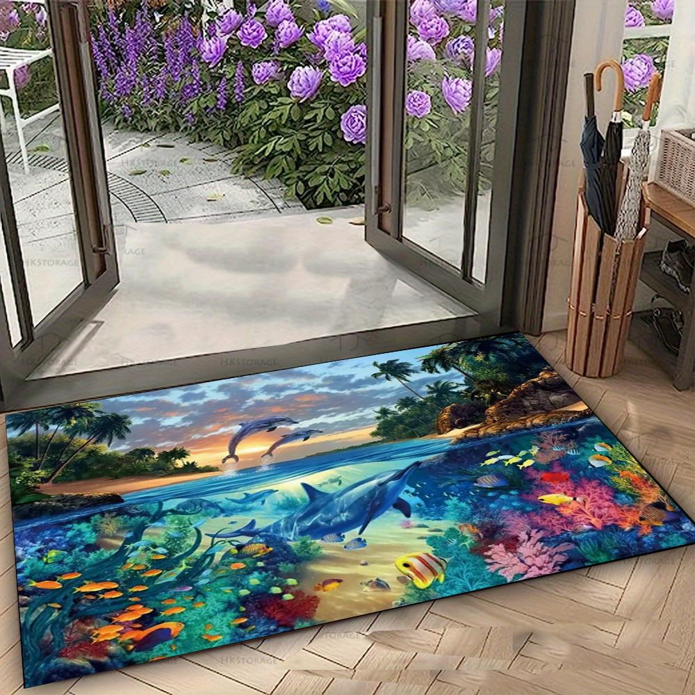 Ocean Scene Door Mat with Dolphins Whales and Rainbow Non-slip Entrance Rug for Home Decor Living Room Bedroom Decoration