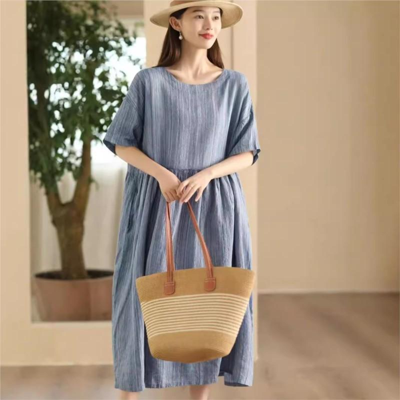 Johnature Women Vintage Striped Dress O-Neck Short Sleeve Robes Summer High Waist Women A-Line Dress