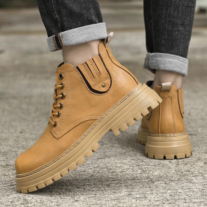 Herren Warme Winter Freizeitschuhe mit Dickem Boden Klassische Echtleder Herren Stiefeletten Schnürschuhe Bequeme Motorradstiefel Wanderschuhe
