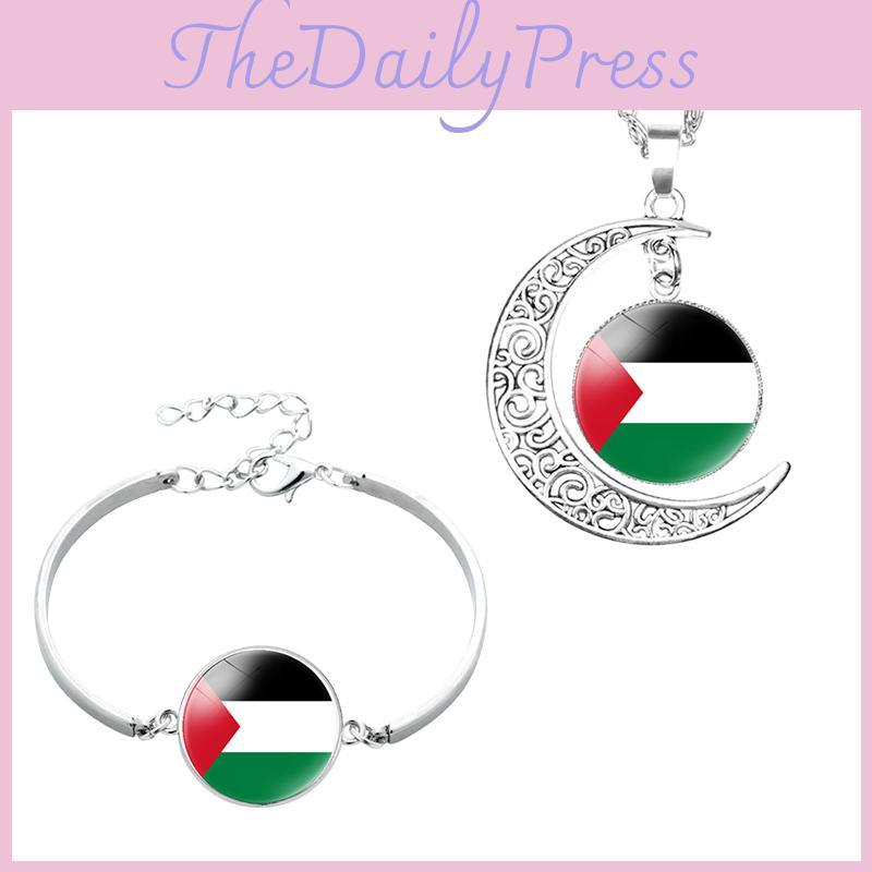 Palestinian Flag Design Time Gem Moon Pendant Necklace Unique Neck Chain