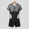 INCERUN Men Mesh Zip-up Long Sleeve Patchwork See Through Short Romper Jumpsuits  Bodysuits