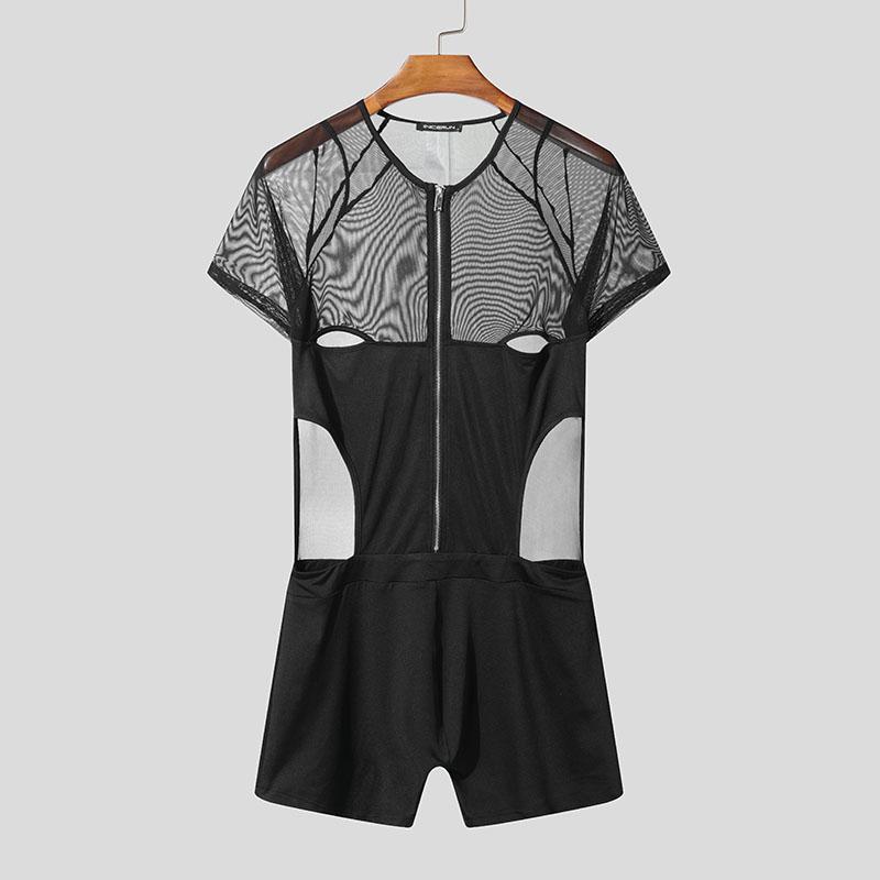 INCERUN Men Mesh Zip-up Long Sleeve Patchwork See Through Short Romper Jumpsuits  Bodysuits
