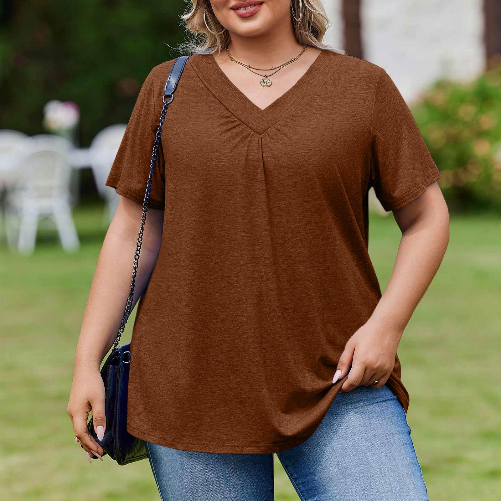 

Women s Plus Size Fashionable Casual Loose-Fit Short Sleeve Elegant V Neck Blouse For Work XXXL коричневый