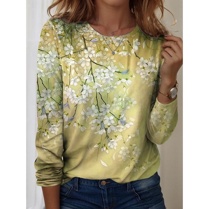 

Женская футболка с длинным рукавом, зимний теплый топ, красивый рисунок с цифровой печатью, модная повседневная футболка 3XL