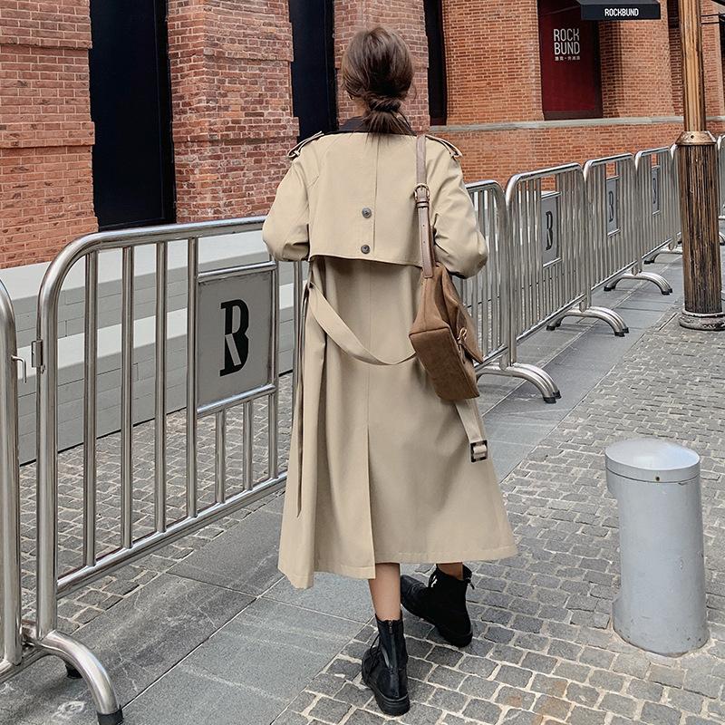 Women's New Design Contrasting Colors Long Trench Coat Women's Double-breasted Lace-up Top
